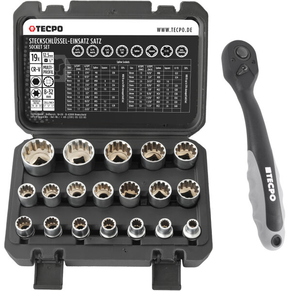 TECPO Steckschlüssel-Satz, SW 8-32 mm, E10-E24, 5/16-1-1/4", 19-tlg. + Umschaltknarre 1/2"