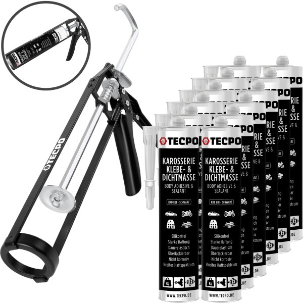 12x TECPO KKD 801 Karosserie Klebe- und Dichtmasse, 370g + Skelett-Kartuschenpresse
