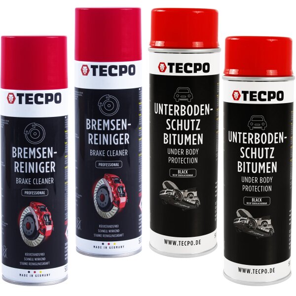 2x TECPO Bremsenreiniger Universal Reiniger, 500 ml + 2x TECPO Unterbodenschutz Bitumen schwarz, 500 ml